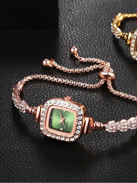 Anthropologie Rose Gold Bracelet Watch with Green Dial and Crystal Accents